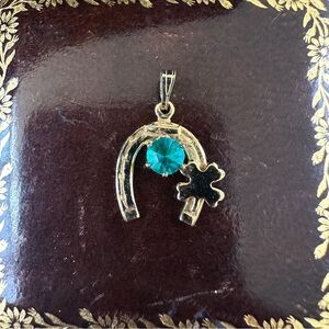 Gold Filled Vintage Horseshoe Four Leaf Clover Teal Green Gem Good Luck Pendant